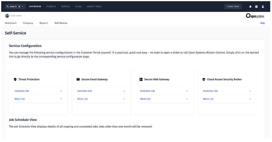 Screenshot einer Servicekonfigurationsseite für Open Systems. Sie enthält Abschnitte für Bedrohungsschutz, Secure Email Gateway, Secure Web Gateway und Cloud Access Security Broker, jeweils mit Links zu Ausschluss- und Sperrlisten.
