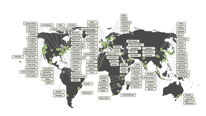 Global backbone map: 500+ PoPs across cities and countries